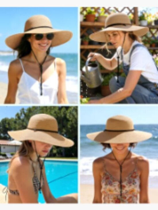 Foldable Wide Brim Straw Sun Hat with Chin Strap UPF 50+